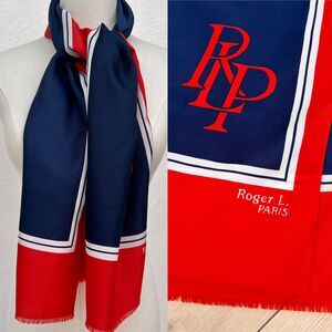 Vintage 60s Roger L Paris Monogram Long 11x54" Neck Scarf Red Navy White /Preppy